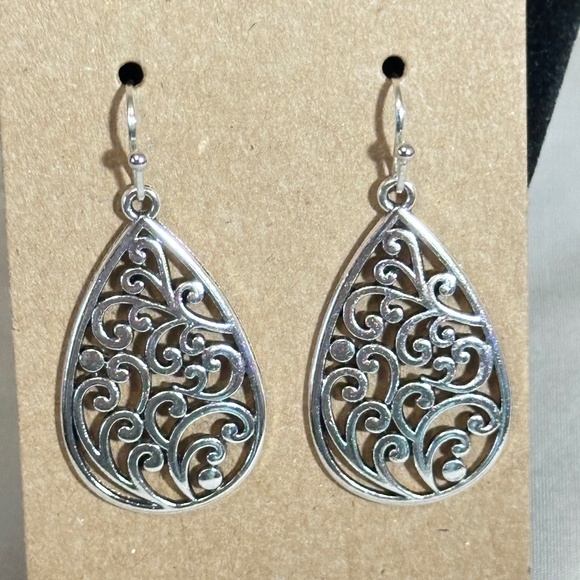 2/$20 Silver Tone Water Droplet Filigree Hook Earrings - Picture 1 of 9